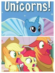 Size: 3106x4096 | Tagged: safe, edit, edited screencap, screencap, apple bloom, applejack, big macintosh, trixie, earth pony, pony, unicorn, g4, the perfect pear, bigotjack, bow, cowboy hat, female, filly, hair bow, hat, hilarious in hindsight, horse collar, male, mare, out of character, overreacting, racism, stallion, we are unicorns