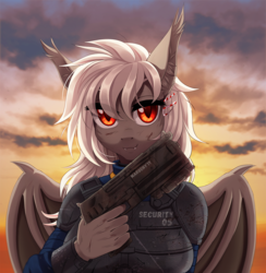 Size: 1200x1232 | Tagged: safe, artist:margony, oc, oc only, oc:dusty fang, bat pony, anthro, fallout equestria, 10mm pistol, anthro oc, bat pony oc, clothes, commission, fangs, female, gun, looking at you, mare, no trigger discipline, solo, weapon