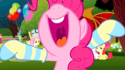 Size: 1920x1080 | Tagged: safe, edit, edited screencap, screencap, apple bloom, fluttershy, gummy, pinkie pie, scootaloo, sweetie belle, manticore, pony, g4, happy birthday to you!, animated, balloon, birthday party, clothes, cute, cutie mark crusaders, diapinkes, fluttershy's cottage, gif, loop, mawshot, netflix, nose in the air, open mouth, party, ponies in socks, sockies, socks, striped socks, uvula, volumetric mouth