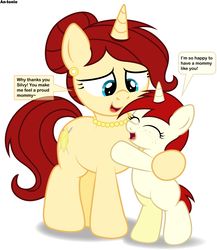Size: 4339x5000 | Tagged: safe, artist:an-tonio, derpibooru exclusive, oc, oc only, oc:golden brooch, oc:silver draw, pony, unicorn, absurd resolution, cute, dialogue, earring, female, filly, freckles, hair bun, happy, hug, jewelry, mother, mother and daughter, necklace, ocbetes, pearl earrings, pearl necklace, simple background, vector, white background
