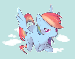 Size: 945x749 | Tagged: safe, artist:haden-2375, rainbow dash, pegasus, pony, g4, cloud, crossed hooves, cute, dashabetes, female, flying, mare, multicolored hair, solo