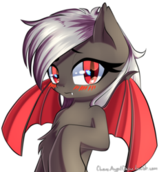 Size: 1850x2000 | Tagged: safe, artist:chaosangeldesu, oc, oc only, oc:dusty fang, bat pony, pony, bat pony oc, blushing, chest fluff, dissatisfied, fangs, red eyes, simple background, slit pupils, solo, transparent background