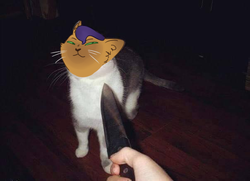 Size: 604x438 | Tagged: safe, artist:stickaroos, edit, capper dapperpaws, cat, g4, my little pony: the movie, :3, irl, knife cat, meme, photo, ponified animal photo, solo