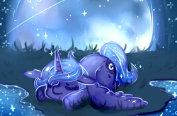 Size: 1000x657 | Tagged: safe, artist:mikenlos, princess luna, alicorn, pony, g4, color porn, cute, eyes closed, female, filly, flop, grass, lunabetes, moon, night, prone, s1 luna, sleeping, solo, spread wings, stars, wings, woona, younger
