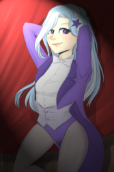 Size: 2000x3000 | Tagged: safe, artist:silbersternenlicht, trixie, human, g4, arm behind head, bowtie, clothes, female, high res, humanized, leotard, looking at you, magician outfit, pantyhose, smiling, solo