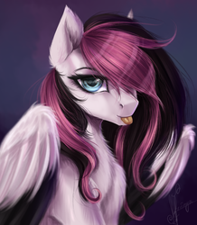 Size: 1367x1571 | Tagged: safe, artist:zefirayn, oc, oc only, pegasus, pony, :p, female, fluffy, hair over one eye, mare, solo, tongue out