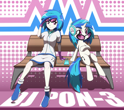 Size: 2829x2512 | Tagged: safe, artist:shidodo, dj pon-3, vinyl scratch, human, pony, equestria girls, g4, bench, boots, breasts, busty vinyl scratch, clothes, cute, duo, female, headphones, high res, human ponidox, looking at each other, miniskirt, moe, self ponidox, shoes, sitting, skirt, smiling, solo, sunglasses, vinylbetes