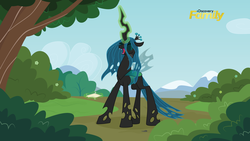 Size: 1920x1080 | Tagged: safe, artist:amarthgul, queen chrysalis, changeling, changeling queen, g4, season 8, the mean 6, discovery family logo, eyes closed, fake screencap, female, laughing, magic, open mouth, scene interpretation, show accurate, solo, vector