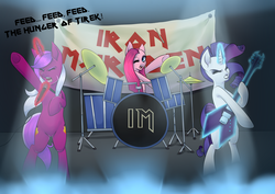 Size: 1024x724 | Tagged: safe, artist:quila111, pinkie pie, rarity, oc, oc:burning passion, pony, g4, bipedal, drums, glowing horn, guitar, heavy metal, horn, iron maiden, iron mareden, lights, magic, microphone, musical instrument, ponified, stage, telekinesis