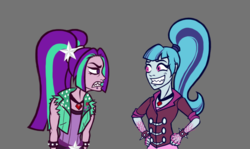 Size: 917x545 | Tagged: safe, artist:madness-with-reason, derpibooru exclusive, aria blaze, sonata dusk, equestria girls, g4, gray background, grin, simple background, teeth