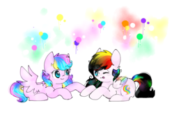 Size: 2048x1536 | Tagged: safe, artist:pinkflutter, oc, oc only, oc:flinkie, oc:rainbow noir, pegasus, pony, colored wings, female, mare, multicolored wings, one eye closed, prone, tongue out, wink