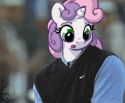 Size: 443x365 | Tagged: safe, artist:bobdude0, sweetie belle, human, anthro, g4, animated, clothes, gif, irl, irl human, photo, reaction image, solo focus, tiger woods, vest, wat
