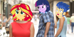 Size: 880x440 | Tagged: safe, flash sentry, sunset shimmer, twilight sparkle, equestria girls, g4, distracted boyfriend meme, female, implied flashlight, implied shipping, implied straight, infidelity, lesbian, meme, ship:sunsetsparkle, shipping