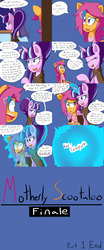 Size: 2000x4800 | Tagged: safe, artist:jake heritagu, scootaloo, starlight glimmer, oc, oc:lightning blitz, pegasus, pony, comic:ask motherly scootaloo, g4, baby, baby pony, blue background, cloak, clothes, colt, comic, dialogue, female, hairpin, holding a pony, male, mother and son, motherly scootaloo, offspring, older, older scootaloo, parent:rain catcher, parent:scootaloo, parents:catcherloo, simple background, sleeping, smug, smuglight glimmer, speech bubble, sweatshirt, teleportation, waking up