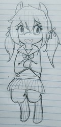 Size: 601x1247 | Tagged: safe, artist:shpace, oc, oc only, oc:floor bored, pony, semi-anthro, 4chan, clothes, cute, female, grin, lined paper, mare, monochrome, nervous, nervous smile, pigtails, sailor uniform, shirt, skirt, smiling, socks, solo, traditional art