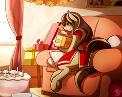 Size: 3750x3000 | Tagged: safe, artist:detpoot, oc, oc only, oc:cløver, earth pony, pony, cake, clothes, couch, curtains, cute, food, frog (hoof), high res, living room, painting, present, scarf, skirt, solo, underhoof