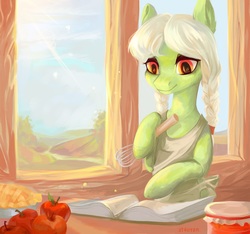 Size: 5848x5472 | Tagged: safe, artist:utauyan, granny smith, earth pony, pony, g4, absurd resolution, adorasmith, apple, apple pie, book, cottagecore, cute, egg beater, food, pie, young granny smith, younger
