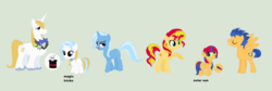 Size: 1280x428 | Tagged: safe, artist:vileotflash, flash sentry, prince blueblood, sunset shimmer, trixie, oc, oc:magic tricks, oc:solar sun, g4, female, male, offspring, parent:flash sentry, parent:prince blueblood, parent:sunset shimmer, parent:trixie, parents:bluetrix, parents:flashimmer, ship:bluetrix, ship:flashimmer, shipping, straight