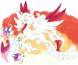 Size: 683x576 | Tagged: safe, artist:frozensoulpony, oc, oc only, oc:antumbra, oc:hushed kairos, alicorn, pony, unicorn, artificial wings, augmented, colt, female, magic, magic wings, magical lesbian spawn, male, mare, offspring, parent:adagio dazzle, parent:aria blaze, parent:princess celestia, parent:sonata dusk, traditional art, wings