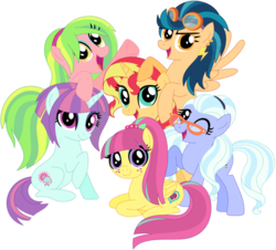 Size: 1024x925 | Tagged: safe, artist:ra1nb0wk1tty, indigo zap, lemon zest, sour sweet, sugarcoat, sunny flare, sunset shimmer, pony, g4, alternate universe, equestria girls ponified, mane six opening poses, ponified, shadow five, simple background, transparent background