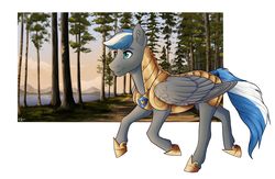 Size: 2000x1306 | Tagged: safe, artist:royvdhel-art, oc, oc only, oc:cloud zapper, pegasus, pony, armor, forest, male, solo, stallion