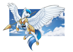Size: 2000x1426 | Tagged: safe, artist:royvdhel-art, oc, oc only, oc:winterspear, pegasus, pony, armor, female, flying, guard, guardsmare, hoof shoes, looking back, mare, mouth hold, outdoors, pegasus oc, royal guard, smiling, solo, spear, spread wings, weapon, wings