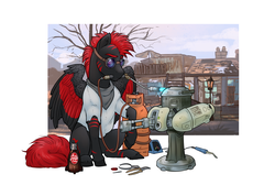 Size: 2000x1426 | Tagged: safe, artist:royvdhel-art, oc, oc only, oc:hazard, pegasus, pony, fallout equestria, goggles, nuka cola, red and black oc, solo, turret