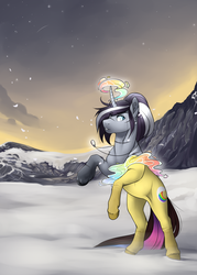 Size: 1652x2312 | Tagged: safe, artist:royvdhel-art, oc, oc only, oc:painted waves, commission, mountain, rearing, snow, solo, transformation, winter