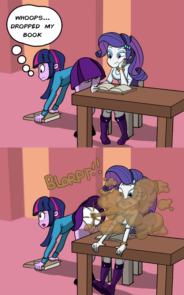 equestria girls, accident, book, breasts, clothes, comic, face fart, fart, fart...