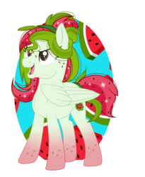 Size: 1241x1517 | Tagged: safe, artist:girlpowergeneration, oc, oc only, oc:watermelana, pony, food, freckles, gradient hooves, simple background, solo, transparent background, watermelon