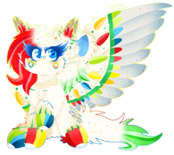 Size: 1024x917 | Tagged: safe, artist:vanillaswirl6, oc, oc only, pegasus, pony, :<, bow, chest fluff, chibi, colored eyelashes, colored pupils, commission, cute, ear fluff, female, flower, flower in hair, fluffy, hair bow, hoof fluff, looking at you, mare, ponytail, rainbow power, rainbow power-ified, rainbow sprinkles, raised hoof, rose, scrunchy face, signature, simple background, sitting, solo, sparkles, spread wings, transparent background