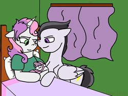 Size: 600x450 | Tagged: safe, artist:gale-hardy, rumble, sweetie belle, oc, oc:tornado tune, pegasus, pony, unicorn, g4, baby, baby pony, female, male, next generation, offspring, older, parent:rumble, parent:sweetie belle, parents:rumbelle, ship:rumbelle, shipping, story included, straight