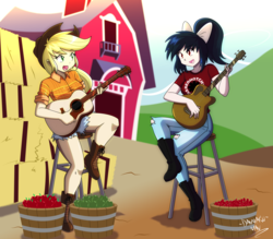 Size: 4000x3500 | Tagged: safe, artist:danmakuman, applejack, oc, oc:star spicer, human, g4, acoustic guitar, apple, barn, bucket, clothes, food, fruit, guitar, high res, humanized, musical instrument, open mouth, pants, shorts, sitting, stool, sweet apple acres