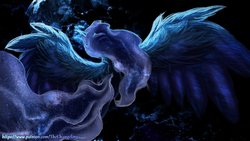 Size: 1280x720 | Tagged: safe, artist:thatonegib, princess luna, alicorn, pony, g4, ethereal mane, female, flying, mare, moon, solo, spread wings, weekly doodle, wings