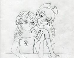 Size: 2677x2109 | Tagged: safe, artist:applety, applejack, sunset shimmer, fanfic:shadows cast over the sunset, equestria girls, g4, cellphone, fanfic, fanfic art, female, high res, monochrome, pencil drawing, phone, smartphone, traditional art
