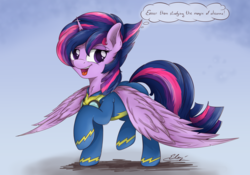 Size: 3030x2125 | Tagged: safe, artist:check3256, twilight sparkle, alicorn, pony, alternate hairstyle, clothes, female, looking at you, mare, open mouth, open smile, punklight sparkle, simple background, smiling, solo, thought bubble, twilight sparkle (alicorn), uniform, wonderbolts uniform, wondersparkle