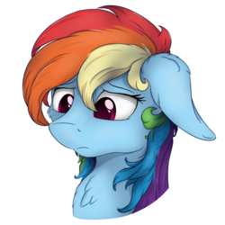 Size: 4050x4050 | Tagged: safe, artist:check3256, rainbow dash, pegasus, pony, g4, absurd resolution, bust, chest fluff, female, floppy ears, mare, sad, simple background, solo, transparent background