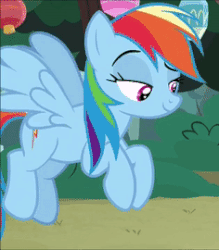 Size: 236x270 | Tagged: safe, screencap, rainbow dash, pegasus, pony, campfire tales, g4, amused, animated, blinking, cropped, female, flapping, gif, lidded eyes, looking at someone, mare, multicolored mane, perfect loop, raised eyebrow, smiling, smirk, solo