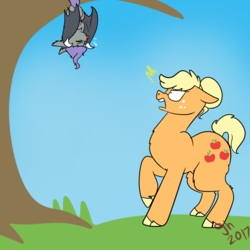Size: 1024x1024 | Tagged: safe, artist:gale-hardy, applejack, oc, oc:vesperus rhopalocera, bat pony, earth pony, pony, g4, colt, duo, female, hanging, hanging upside down, male, mare, next generation, offspring, parent:fluttershy, story included, tongue out, tree