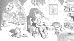 Size: 1280x720 | Tagged: safe, artist:artattax, starlight glimmer, sunburst, sunset shimmer, pony, unicorn, g4, alcohol, baby, beer, black and white, book, bookshelf, bucket, chair, chips, cooking, couch, crying, diaper, dishes, female, fire, food, grayscale, househusband, male, marriage, misandry, monochrome, mop, nachos, oven, parchment, plushie, reversed gender roles equestria, ship:starburst, shipping, sink, sketch, smoke, straight, sunset shimmer is starlight glimmer's daughter, television