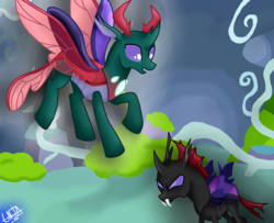 Size: 1600x1300 | Tagged: safe, artist:liniitadash23, pharynx, changedling, changeling, g4, to change a changeling, brother, flying, male, open mouth, prince pharynx, self paradox, show accurate