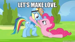 Size: 600x337 | Tagged: safe, edit, edited screencap, screencap, pinkie pie, rainbow dash, earth pony, pegasus, pony, g4, wonderbolts academy, duo, female, image macro, implied lovemaking, implied sex, lesbian, looking at each other, mare, meme, memeful.com, open mouth, ship:pinkiedash, shipping, smiling
