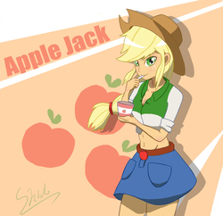 Size: 2411x2331 | Tagged: safe, artist:shidodo, applejack, equestria girls, g4, belly button, belt, clothes, cowboy hat, cup, cute, denim skirt, eating, female, food, freckles, hat, high res, midriff, moe, short shirt, skirt, stetson