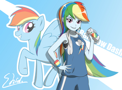 Size: 3806x2788 | Tagged: safe, artist:shidodo, rainbow dash, human, pegasus, pony, equestria girls, g4, can, drink, female, high res, human ponidox, mare, self ponidox, sweat