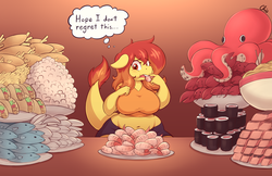 Size: 5100x3300 | Tagged: safe, artist:nekocrispy, oc, oc only, oc:flamespitter, dracony, fish, hybrid, lobster, octopus, shrimp, anthro, belly button, breasts, buffet, chinese food, chubby, clam, clothes, commission, female, food, french fries, plump, seafood, sequence, sitting, solo, sushi, this will end in weight gain, this will end with gout, weight gain