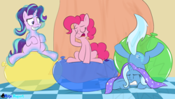 Size: 2560x1440 | Tagged: safe, artist:rupert, pinkie pie, starlight glimmer, trixie, earth pony, pony, unicorn, series:30 dayz of pinks, g4, balloon, balloon riding, cape, clothes, eyes closed, facehoof, female, hat, magic, mare, pinkie pie is not amused, sitting, smiling, starlooner glimmer, that pony sure does love balloons, trixie's cape, trixie's hat, unamused