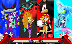Size: 3319x2019 | Tagged: safe, artist:trungtranhaitrung, adagio dazzle, aria blaze, sonata dusk, sunset shimmer, g4, chaos, chaos (sonic), crossover, high res, male, metal sonic, shadow the hedgehog, sonic forces, sonic the hedgehog, sonic the hedgehog (series), the dazzlings, zavok
