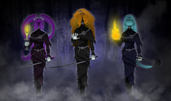 Size: 1300x762 | Tagged: safe, artist:crydius, adagio dazzle, aria blaze, sonata dusk, equestria girls, g4, bloodborne, crossover, shadows of yharnam, story included, the dazzlings, weapon