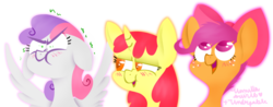 Size: 1024x400 | Tagged: safe, artist:underpable, artist:vanillaswirl6, apple bloom, scootaloo, sweetie belle, earth pony, pegasus, pony, unicorn, g4, :t, blushing, bow, collaboration, colored pupils, cute, cutie mark crusaders, embarrassed, female, filly, floppy ears, freckles, hair bow, happy, lidded eyes, looking up, open mouth, puffy cheeks, race swap, scrunchy face, simple background, spread wings, transparent background, trio, wings