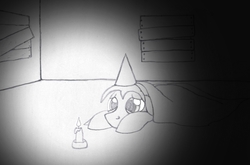 Size: 1002x662 | Tagged: safe, artist:dsb71013, oc, oc only, oc:night cap, candle, hat, monochrome, party hat, sad